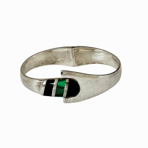 Sterling Silver 925 Bracelet Malachite + Onyx Hinged Bracelet Taxco Mexico 52 gr - Picture 15 of 16